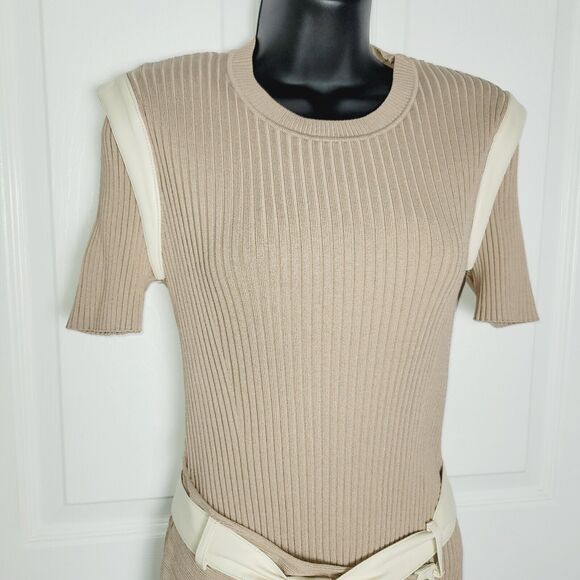 Jonathan Simkhai Dress Small Hardin Ribbed Knit Faux Leather Belted Stretch - Picture 2 of 16